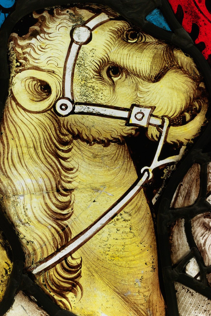 Bevarad del från Great East Window vid York Minster: "The Army of Horsemen" av English School