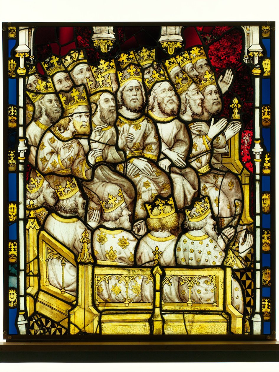 Bevarad del från Great East Window på York Minster: "The Elders Worship God" av English School