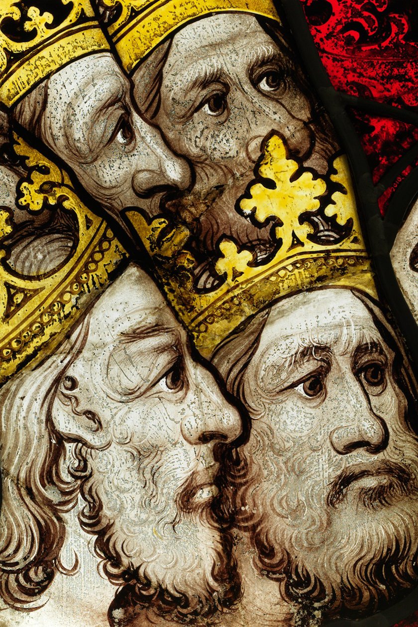 Bevarad del från Great East Window på York Minster: "The Elders Worship God" av English School