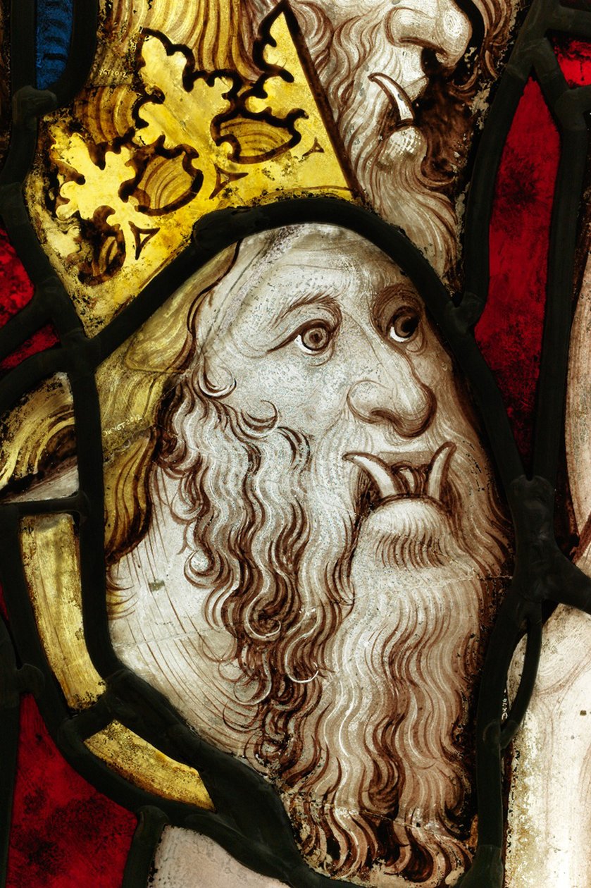 Bevarad sektion från Great East Window på York Minster: "The Fifth Angel Sounds the Trumpet and the Locusts from the Bottomless Pit" av English School