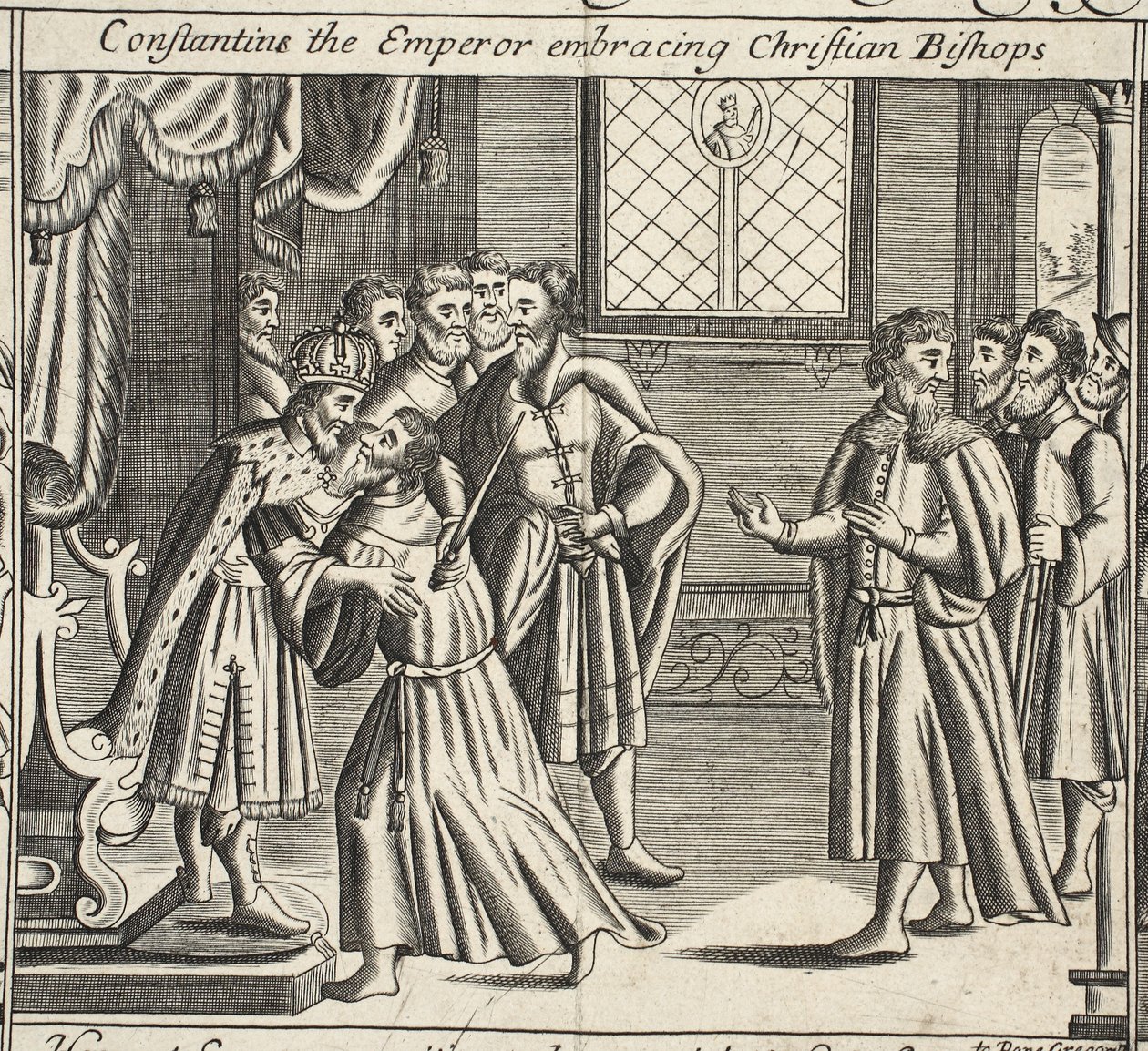 Kejsaren Constantin omfamnar kristna biskopar, illustration från Acts and Monuments av John Foxe, nionde upplagan, pub. 1684 av English School
