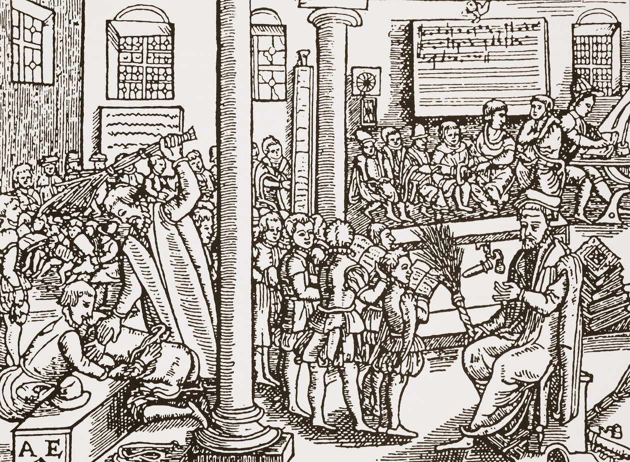 Samtida träsnitt av en gymnasium i Tudor av English School