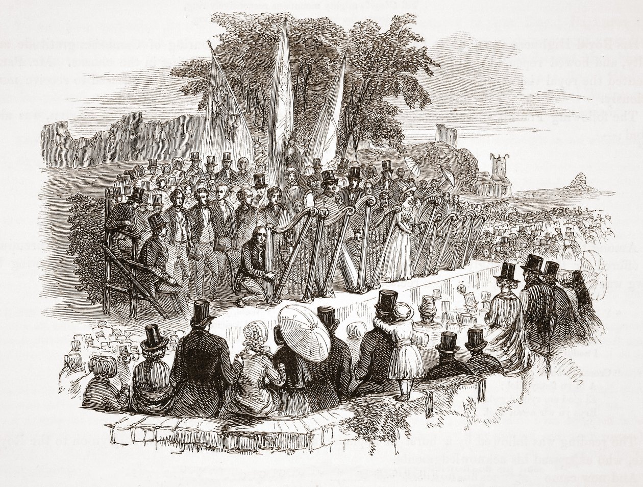 Tävling om guldharpan på Royal Denbigh Eisteddfod, innan H.R.H. hertigen av Susses 1828 (stålstick) av English School