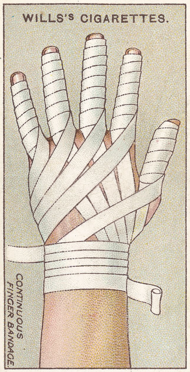 Continuous Finger Bandage, nr 48 från First Aid-serien med Willss Cigarettes-kort, 1913 av English School