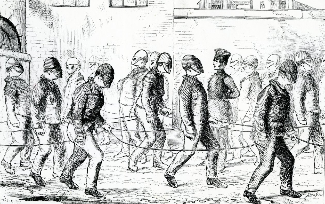 Fångar som tränar i Pentonville Prison, från "The Criminal Prisons of London and Scenes of Prison Life" av Henry Mayhew och John Binny, 1862 av English School