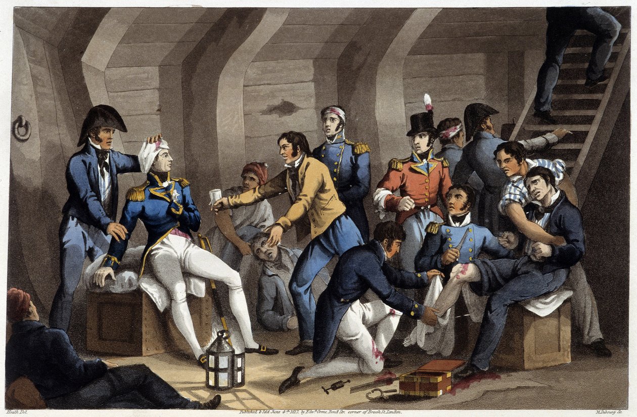 Cookpit i "" Historiska, militära och marina anekdoter och incidenter som anlände till Storbritanniens och deras allierades vapen och slutade i Waterloo"" av Edward Orme. Ill. av Fry, Sutherland, Clark, Dubourg, W.Heart, JA, Atkinson... Red. 1819, London. av English School