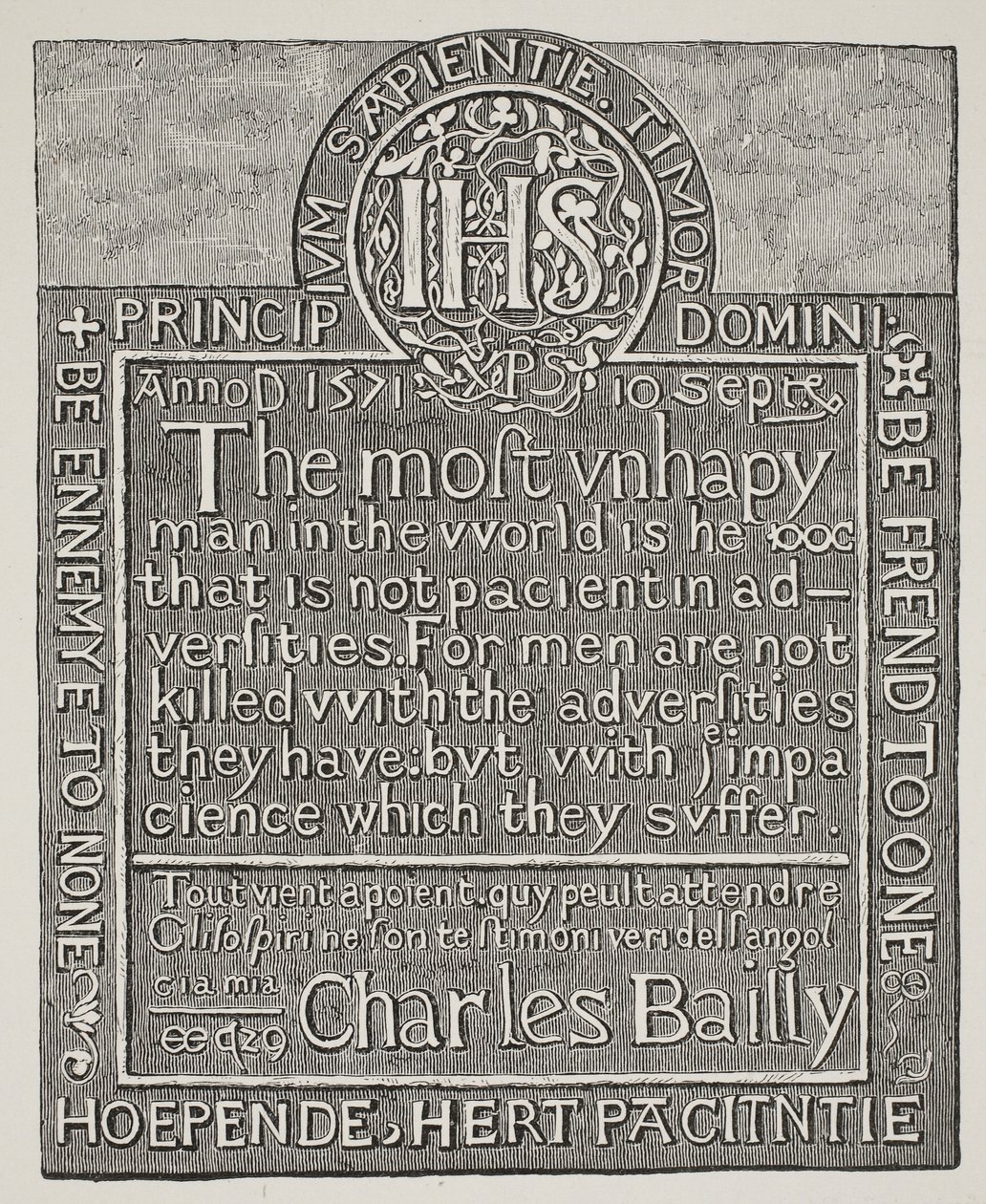 Kopia av en snidning av Charles Bailly, från väggen i Beauchamp Tower, Tower of London, 1571 av English School