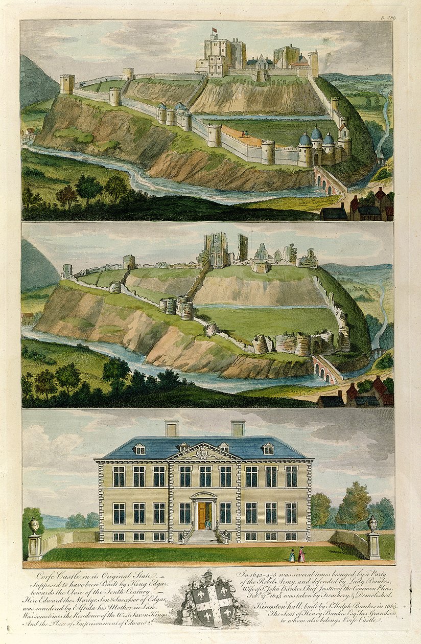 Corfe Castle i sitt ursprungliga skick, som en ruin, och Kingston Hall, säte för Henry Bankes av English School