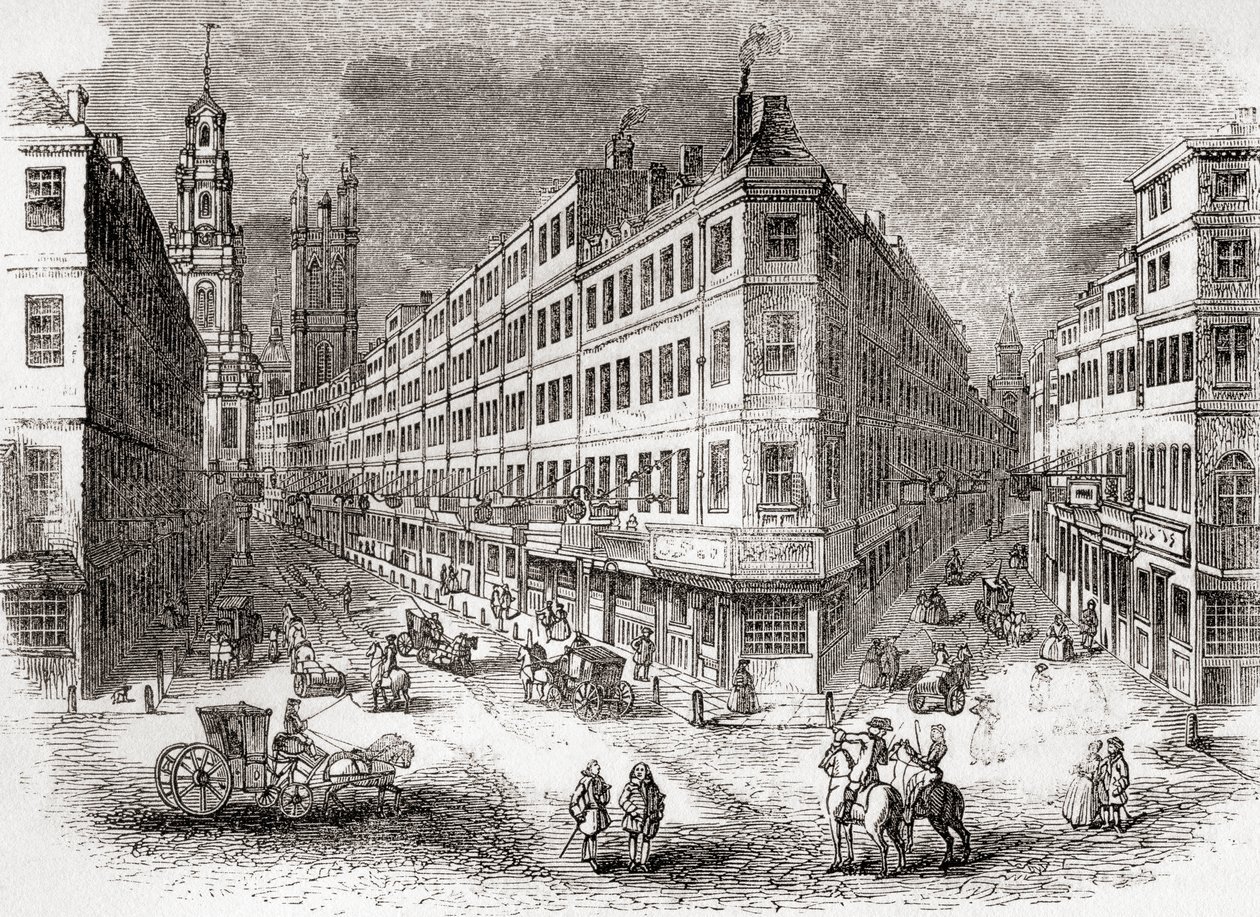 Cornhill, The Exchange och Lombard Street, London, England i mitten av 1800-talet, från Old England: A Pictorial Museum, pub. 1847 av English School