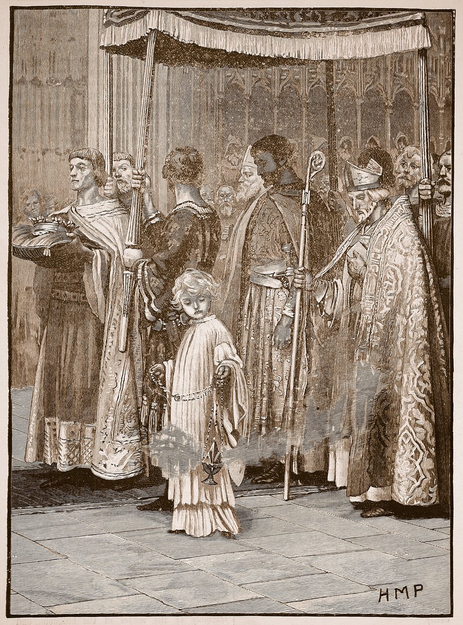 Kröning av Richard i Westminster Abbey: processionen längs gången, illustration från Cassells Illustrated History of England (sepiafoto) av English School