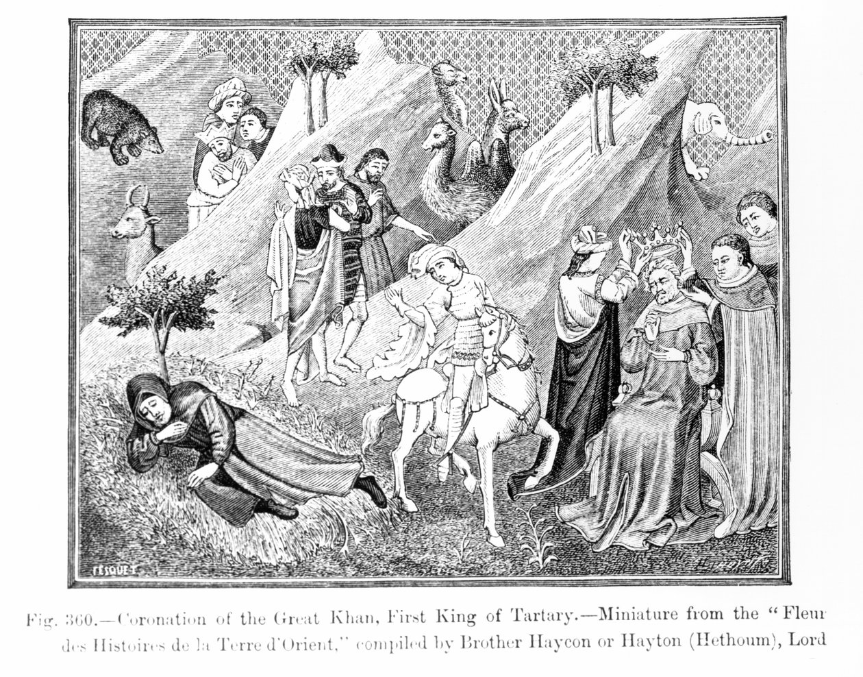 Kröning av den store Khan (Kublai Khan) (1214-94) Förste kung av Tartary, från Fleur des Histoires de la Terre dOrient, sammanställd av Hayton (d.1271), illustration från Science and Literature i t. av English School