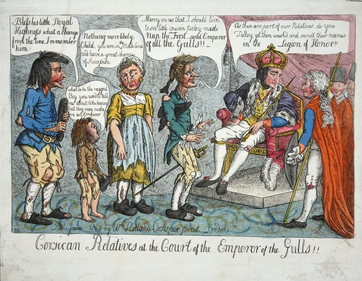 Corsican Realtives at the Court of the Emperor of the Gulls!!, pub 1804 (handfärgad gravyr) av English School