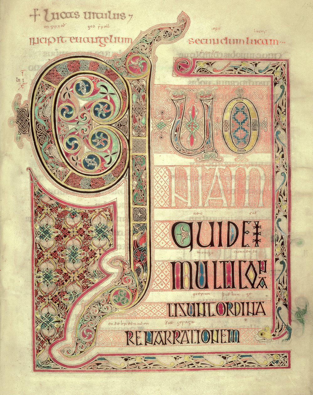 Cott Nero DIV f.139 Incipit sida till St. Lukasevangeliet, från Lindisfarne evangelierna, 710-721 (vellum) av English School