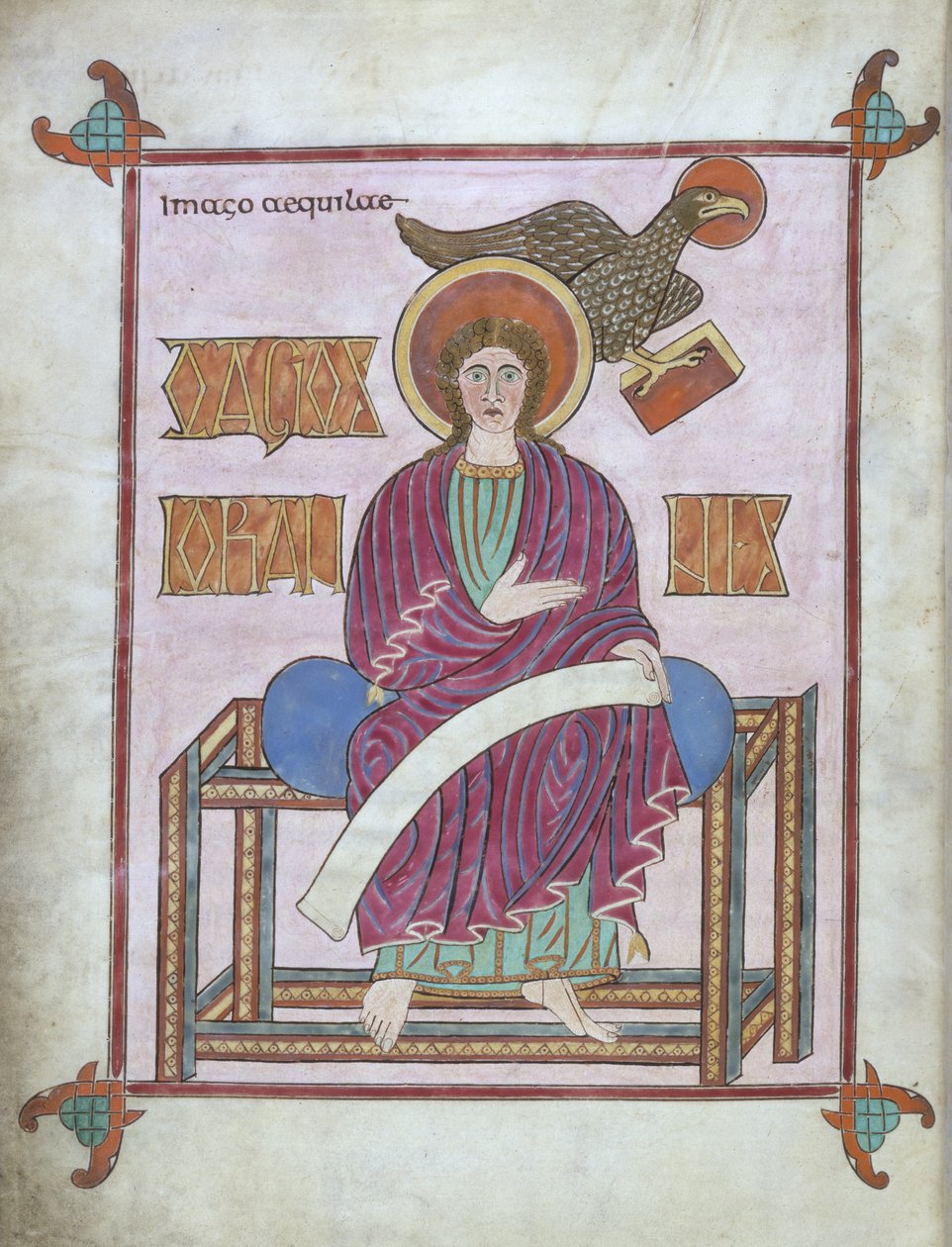 Cott Nero DIV f.209v St. John med hans symbol, från Lindisfarne-evangelierna, 710-721 (vellum) av English School