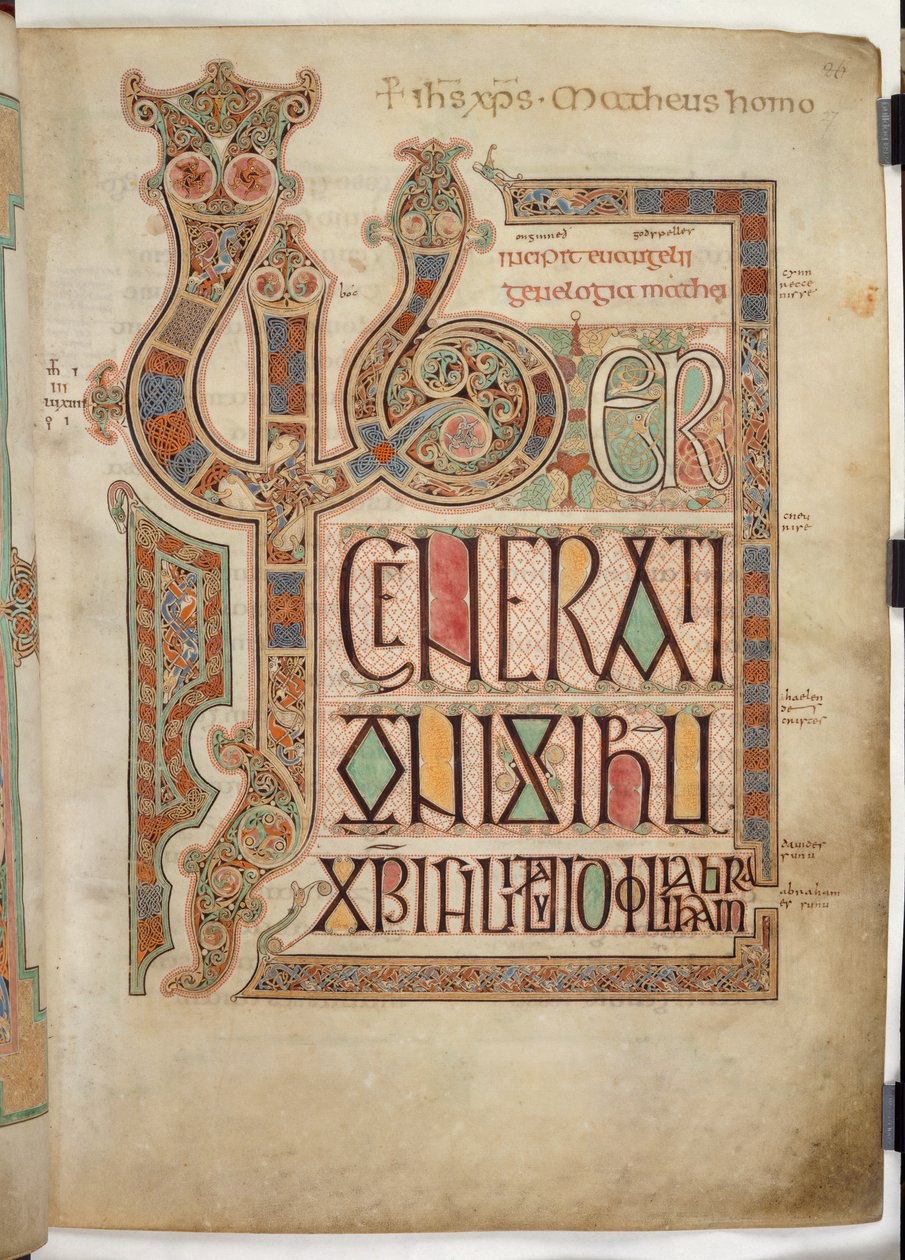 Cott Nero D IV f.27 Incipit sida till Matteusevangeliet med dekorerade bokstäver 