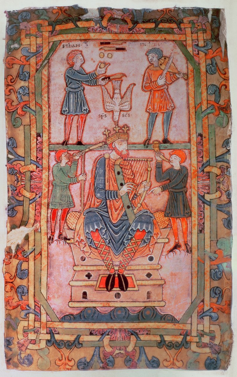 Cott Tib C VI f.30v David spelar sin harpa, från Tiberius Psalter, Winchester, c.1050 (vellum) av English School