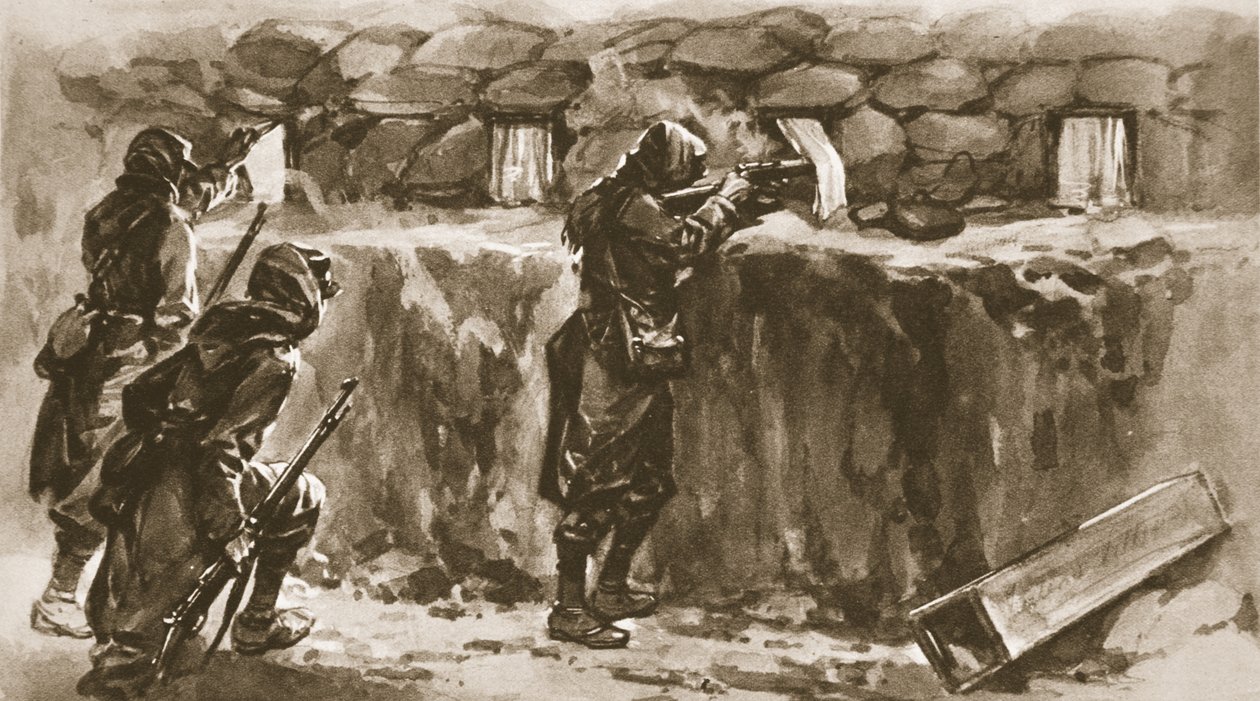 Fönstergardiner i stugor som skärmar med hål i trench: En fransk hjälpmedel för att förbrylla fiendens skarpskytt, från The Illustrated War News, 1915 av English School