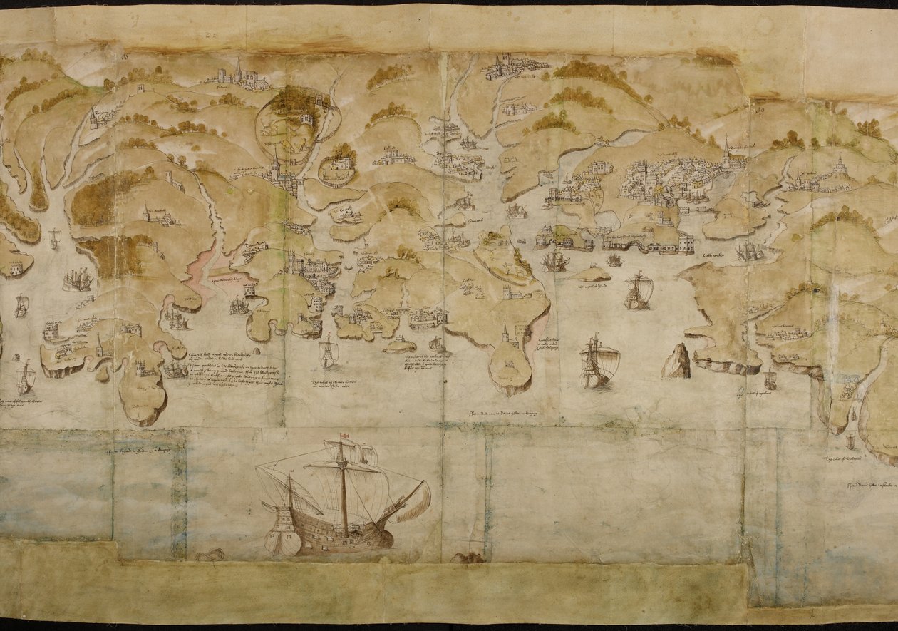 Bomull Augustus I. i. 38 Karta över kusten mellan Fowey och Salcombe, inklusive Plymouth. Del av en panoramakarta över kusten från Lands End till Exmouth, ca 1539 (bläck & färg på veläng) av English School
