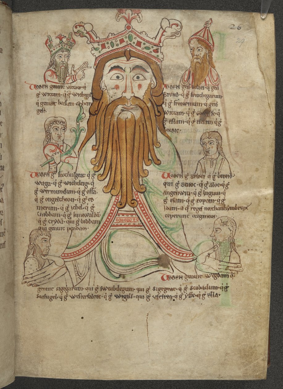 Cotton Caligula A. VIII, f.29 Ritning av Woden omgiven av hans ättlingar; i ett område om heptarkiet, ca 1153-66 (vellum) av English School