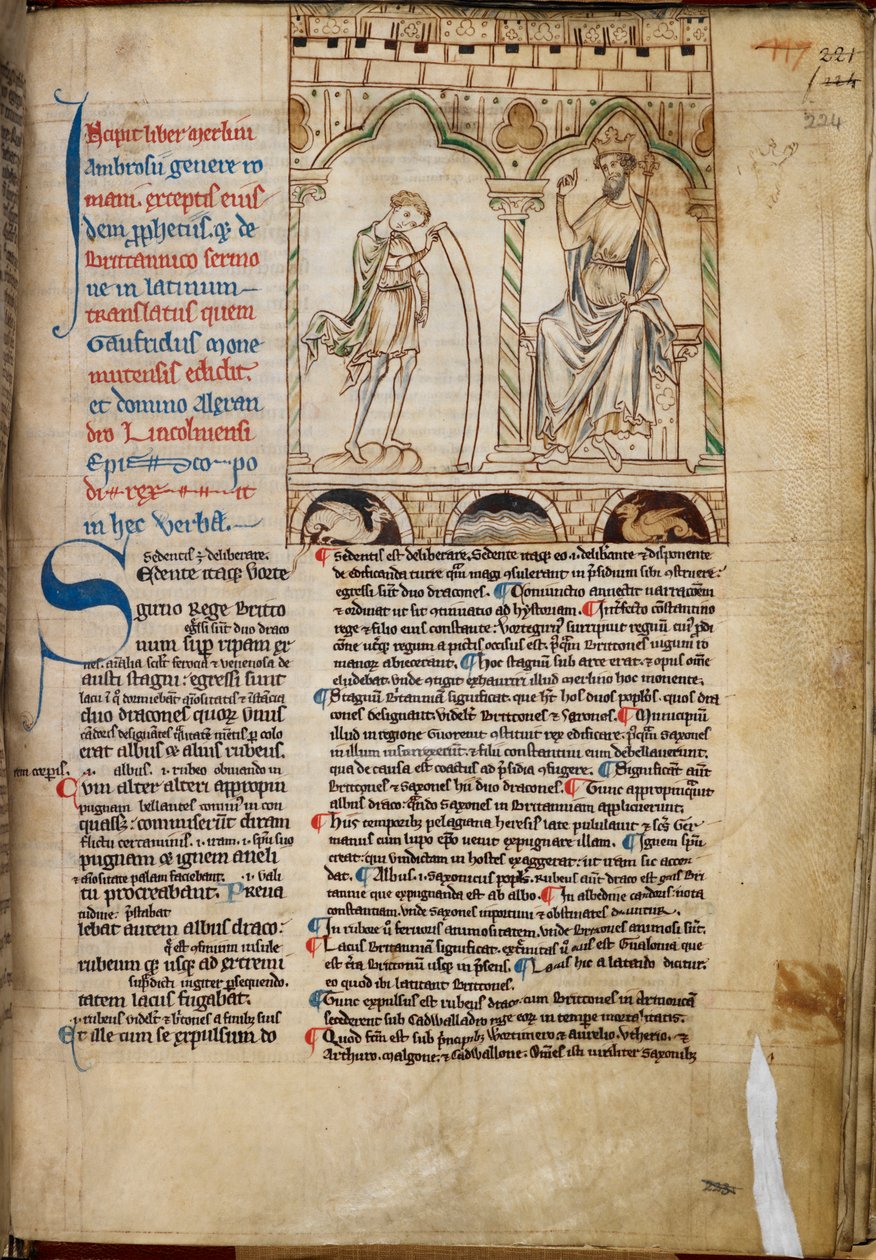 Cotton Claudius B. VII, f.224 Pojken Merlin profeterar inför kung Vortigern, illustration från 