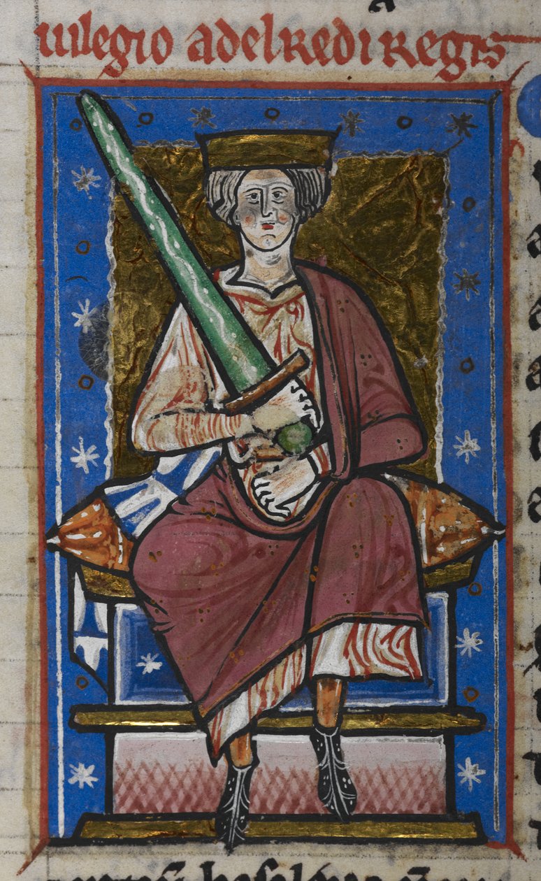 Cotton Claudius B. VI, f.87v Ethelred the Unready med svärd, från 