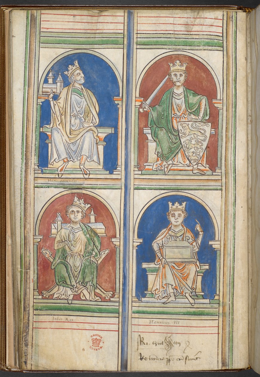 Cotton Claudius D VI f.9v Four Kings of England: Henry II, Richard I, John and Henry III from The Kings of England from Brutus to Henry III, by Matthew Paris, c.1250-59 (vellum) av English School