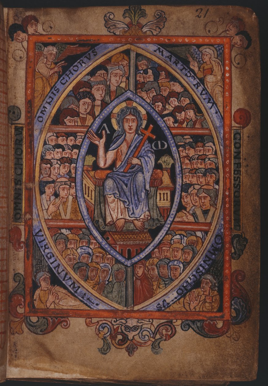 Cotton Galba A. XVIII, f.21 Kristus tronade med körer av martyrer, biktfader och jungfrur av English School