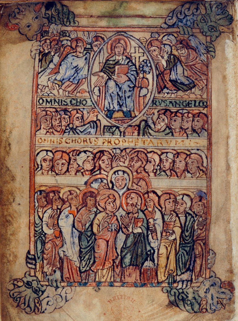 Cotton Galba A. XVIII, f.2v Kristus i Majestät omgiven av passionens redskap och änglar och profeter, illustration från 