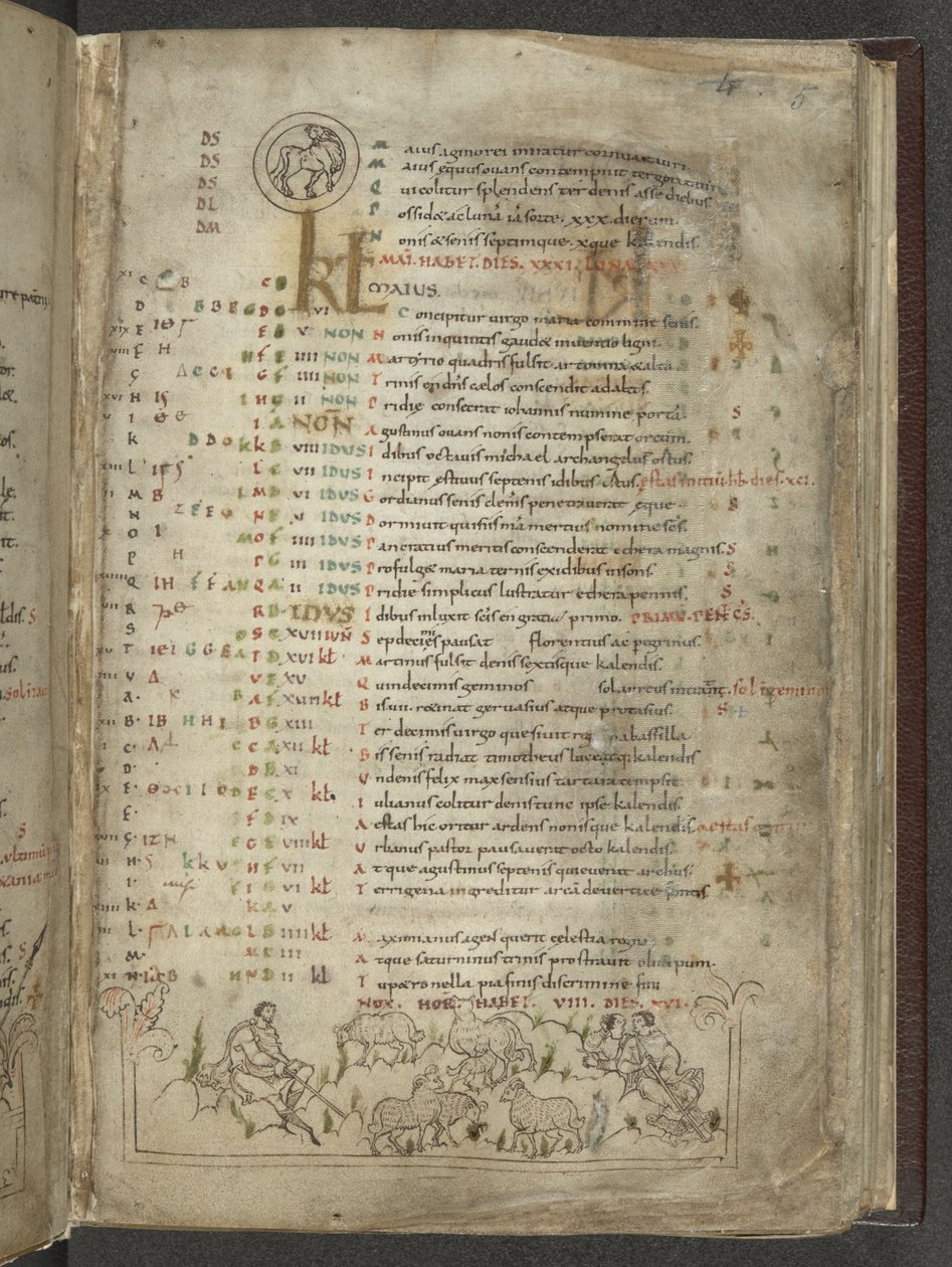 Bomull Julius A. VI, f.5, kalendersida för maj: Herdar och flock (vellum) av English School