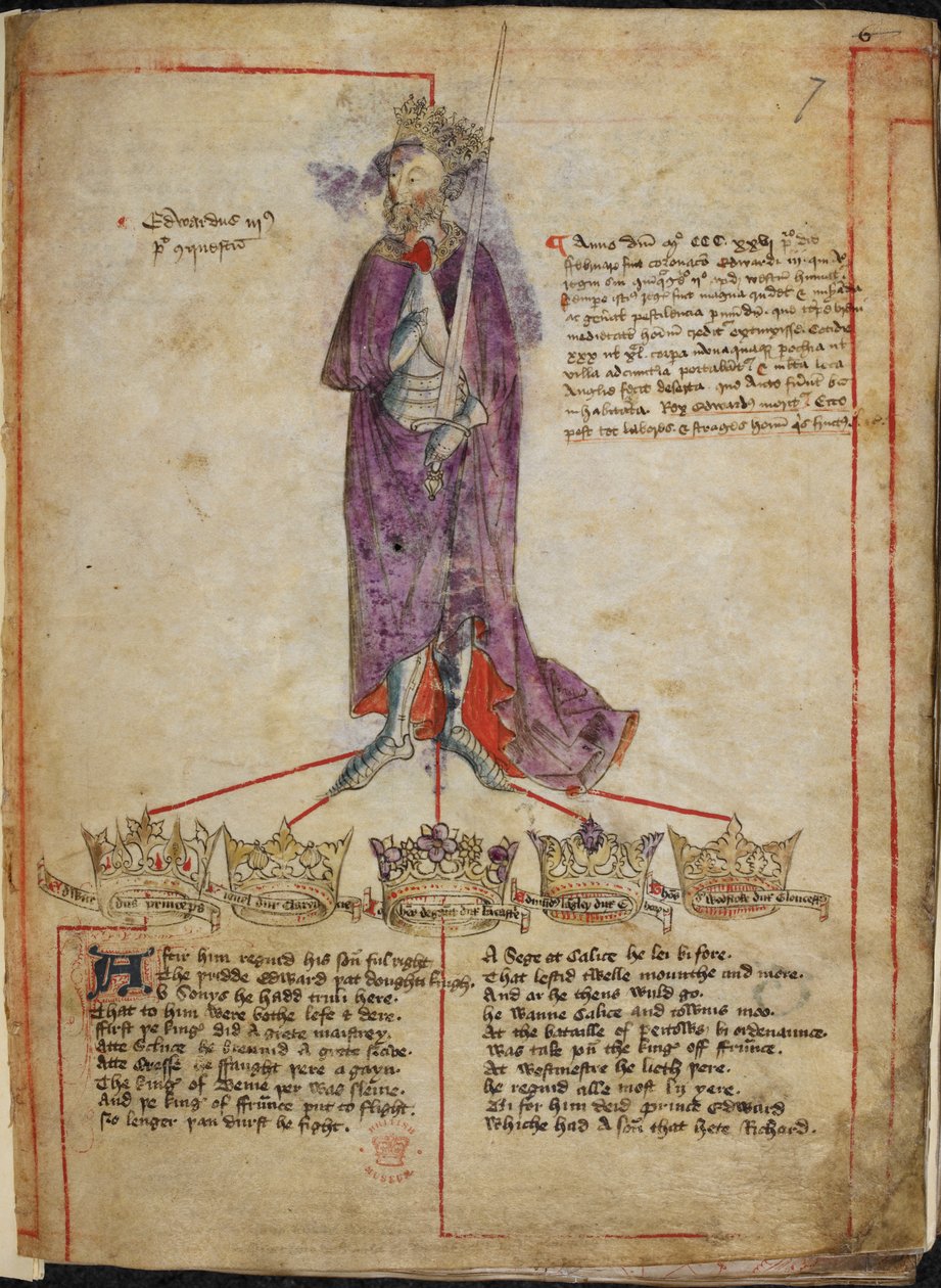 Bomull Julius E. IV, f.7 Ritning av Edvard III, med kort redogörelse för hans regeringstid, och rader från 