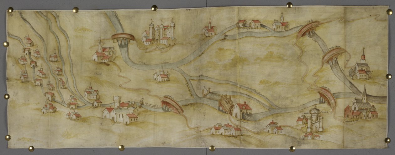 Cotton MS Augustus I i 65 Karta över floden Trent och dess bifloder mellan Nottingham och Newark, ca 1540 (penna och bläck med akvarell på papper) av English School