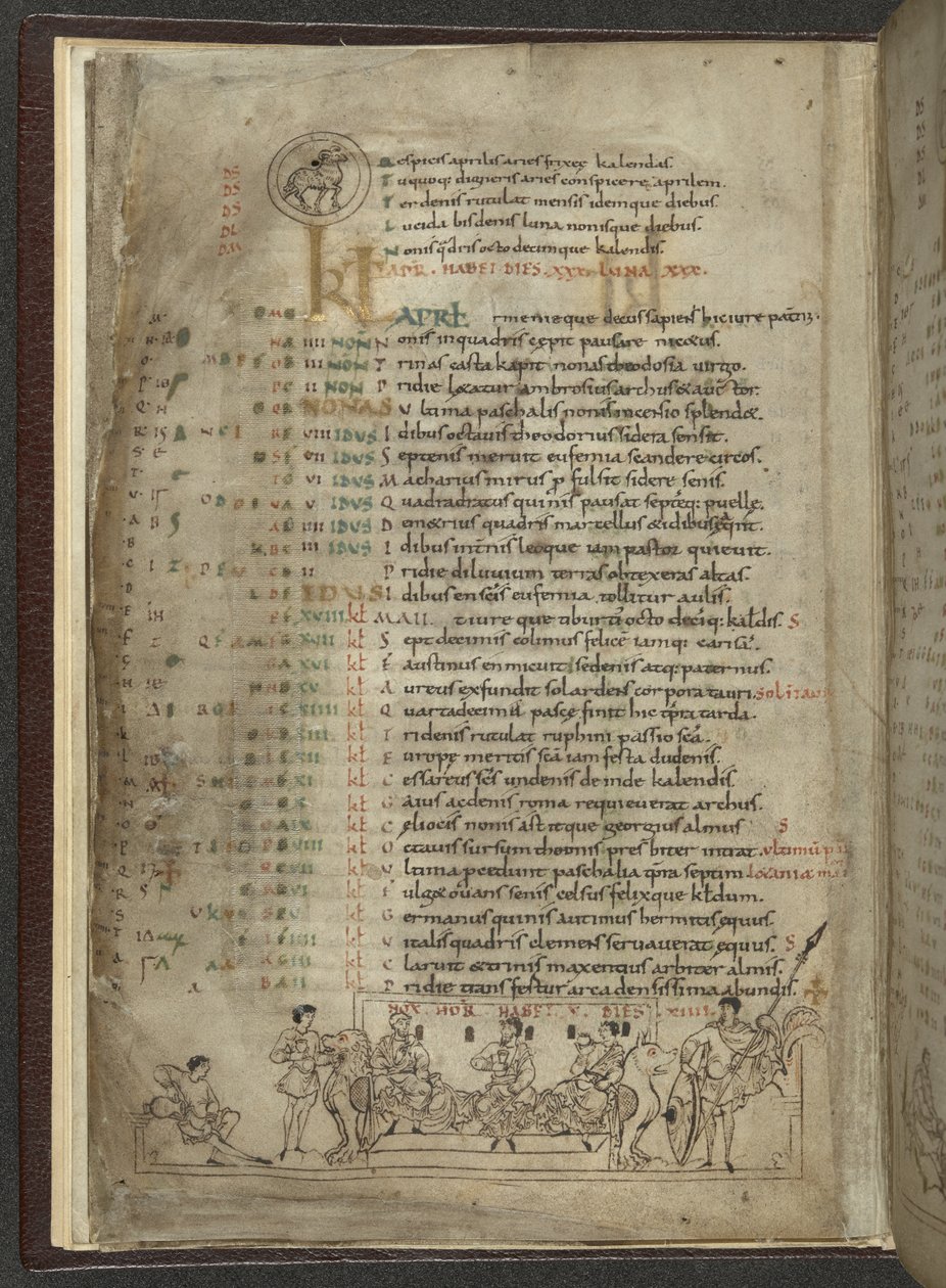 Cotton MS Julius A. VI, f.4v, kalendersida för april: Festscen med tre adelsmän (vellum) av English School