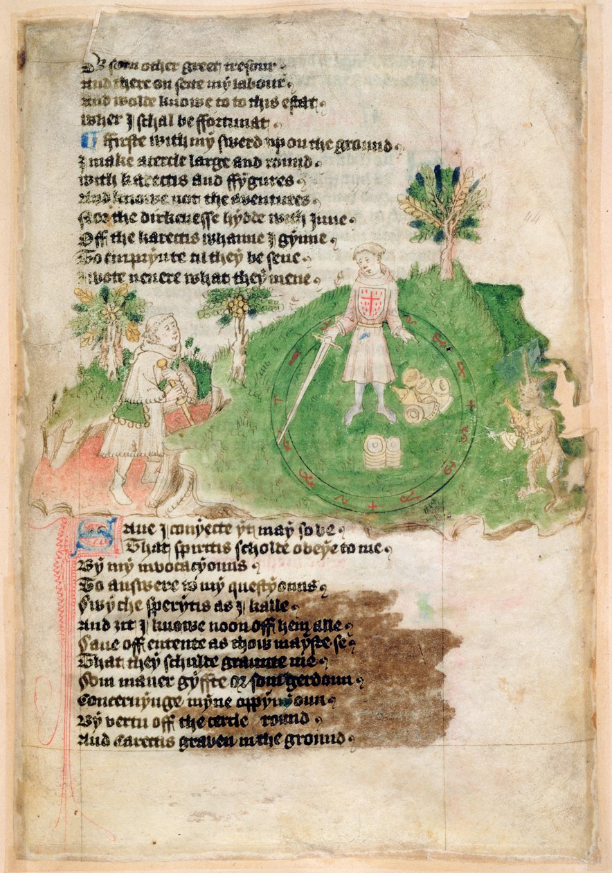 Cotton Ms Tiberius A vii fol.44 Demoner som ger skatt till en magiker (vellum) av English School
