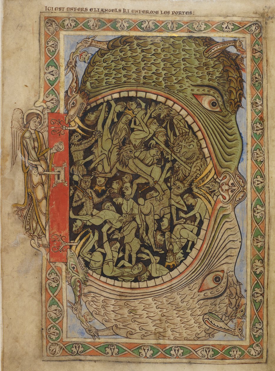 Bomull Nero C IV f.39 Helvetets käftar fästa av en ängel, från Henriks psalter av Blois, c.1121-61 (vellum) av English School
