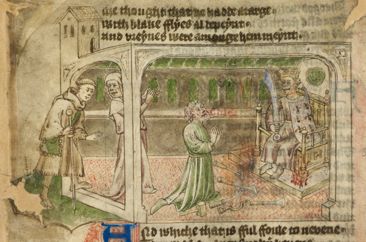 Cotton Tiberius A. VII, f.65v, Avgudadyrkans hus, med pilgrimen på väg in och en man som dyrkar en krönt idol (vellum) av English School