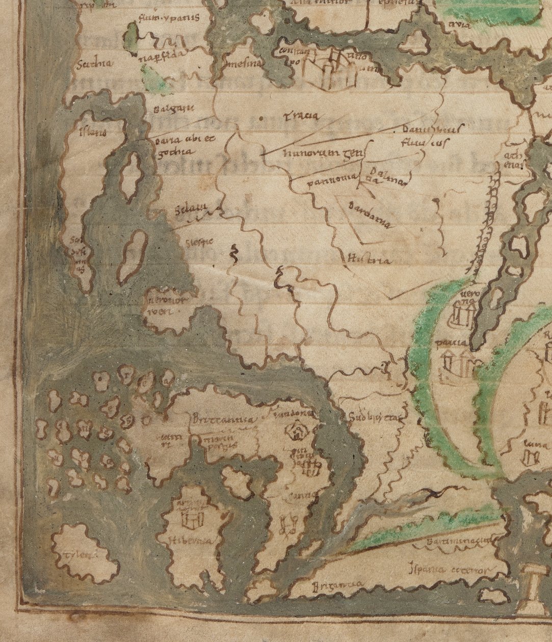 Cotton Tiberius B.V, Del 1, f.56v The Tiberius Map, Mappa Mundi, detalj av Västeuropa och Brittiska öarna (vellum) av English School