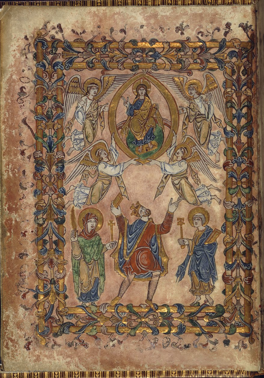 Cotton Vespasianus A. VIII, f.2v Edgar erbjuder charter till Kristus, illustration från 