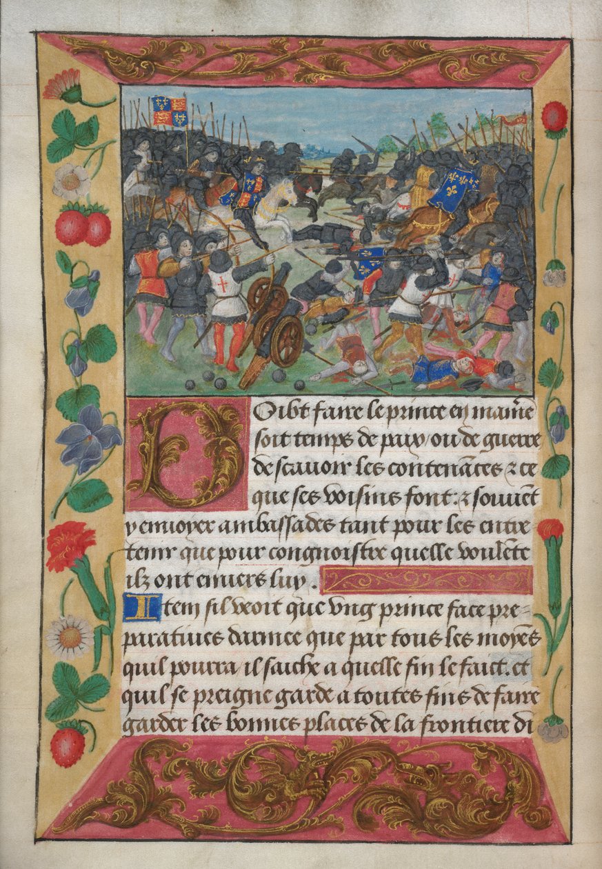 Bomull Vespasianus A xvii, f.13v, Kungen av England reste sig på en vit häst, jagande den flyende kungen av Frankrike, från Robert de Balsacs Manual on Warfare for the Instruction of a Prince, c.1490s (vellum) av English School