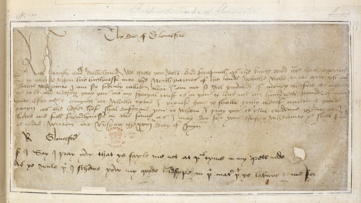Bomull Vespasian MS F III f.19 Richards första överlevande brev till Sir John Say av English School
