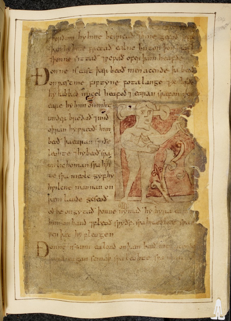 Cotton Vitellius A. XV f.104r, A panotii, d.v.s. en man med öron utskjutande på stjälkar, som håller ett föremål som ser ut som en båge, illustration från Beowulf, från 