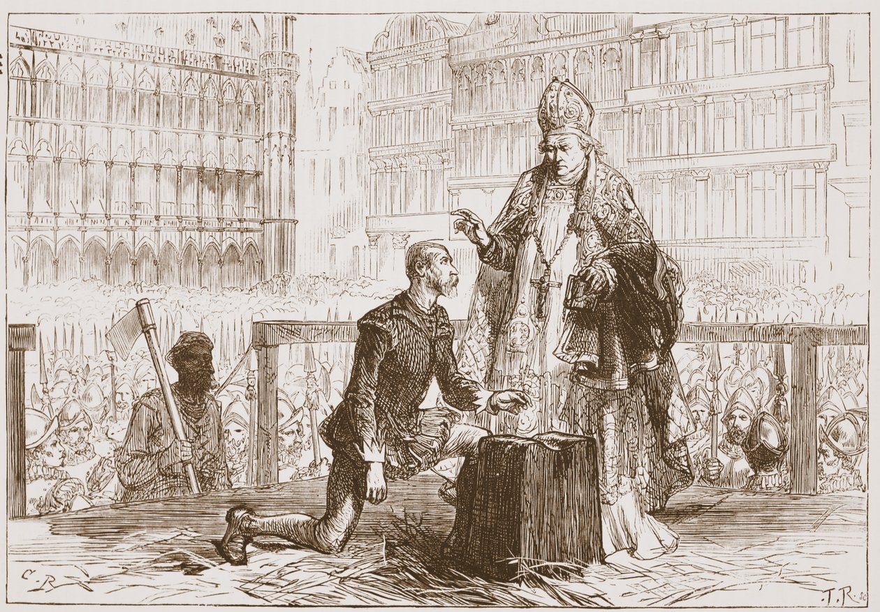Greve Egmont på ställningen före hans avrättning, illustration från "The History of Protestantism" av James Aitken Wylie (1808-1890), pub. 1878 (gravyr) av English School