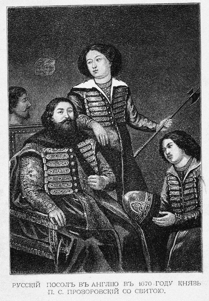 Greve Pyotr Semyonovich Prozorovsky med sin ambassad i England 1670 av English School