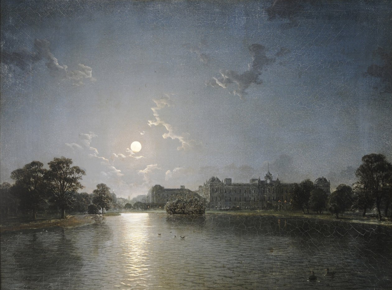 Country House across a Lake by Moonlight, ca 1850 (olja på duk) av English School