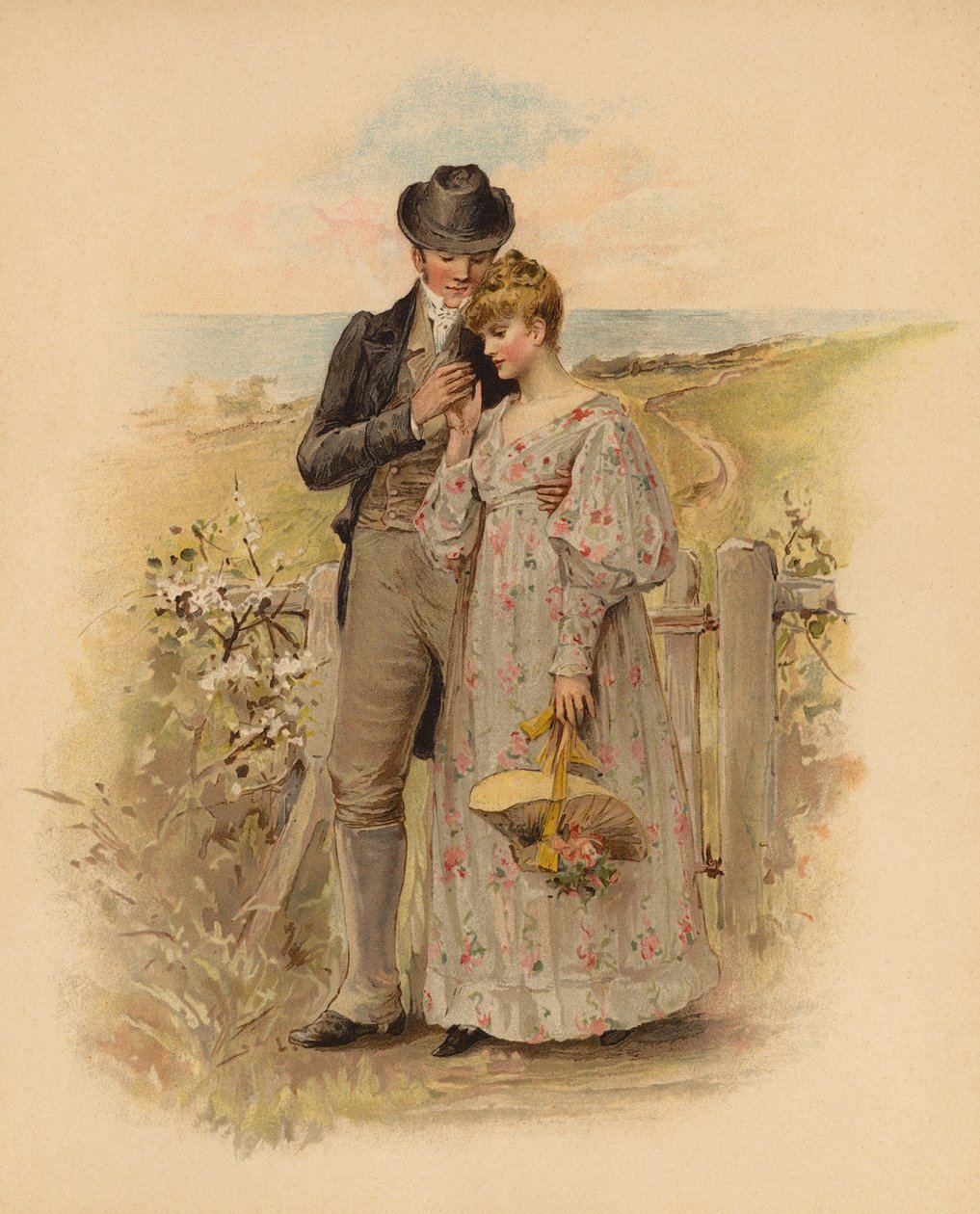 Uppvaktande par på promenad på landsbygden (kromolitho) av English School