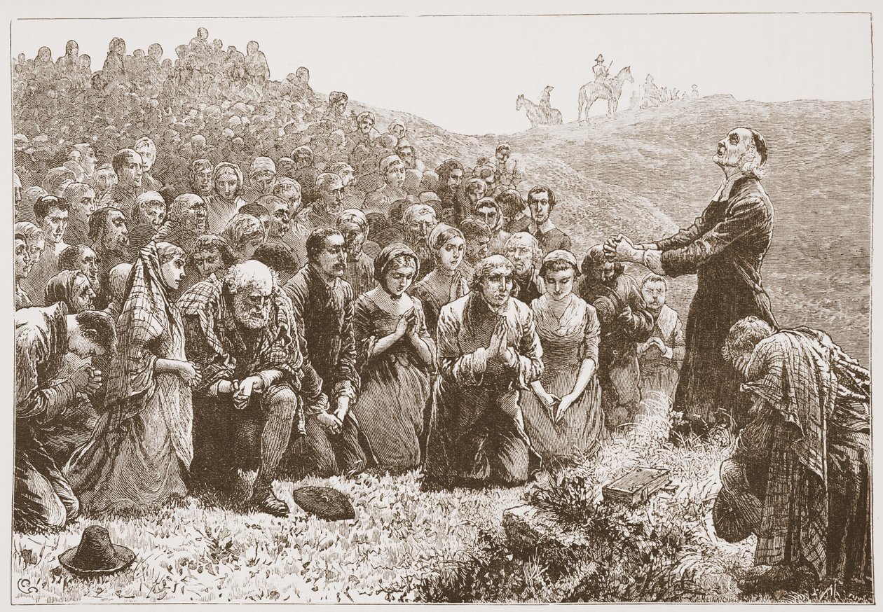 Covenanters som tillber vid Whitadders stränder, illustration från The History of Protestantism av James Aitken Wylie (1808-1890), pub. 1878 av English School