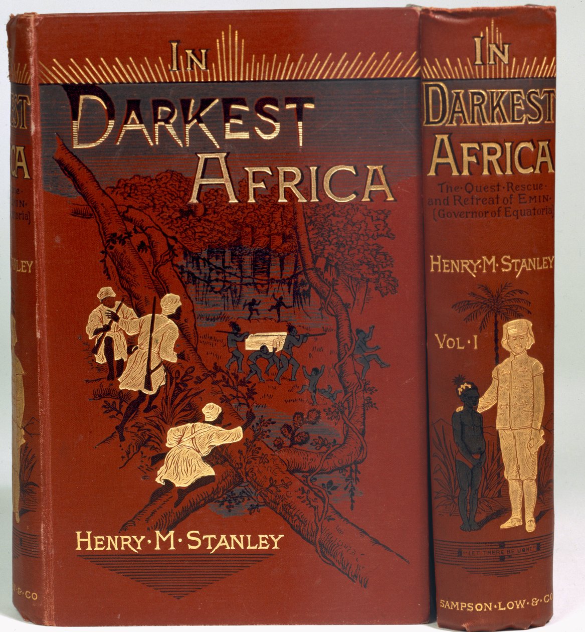 Omslag till In Darkest Africa: or The Quest, Rescue, and Retreat of Emin (guvernör i Equatoria), volym I, publicerad 1890 av English School