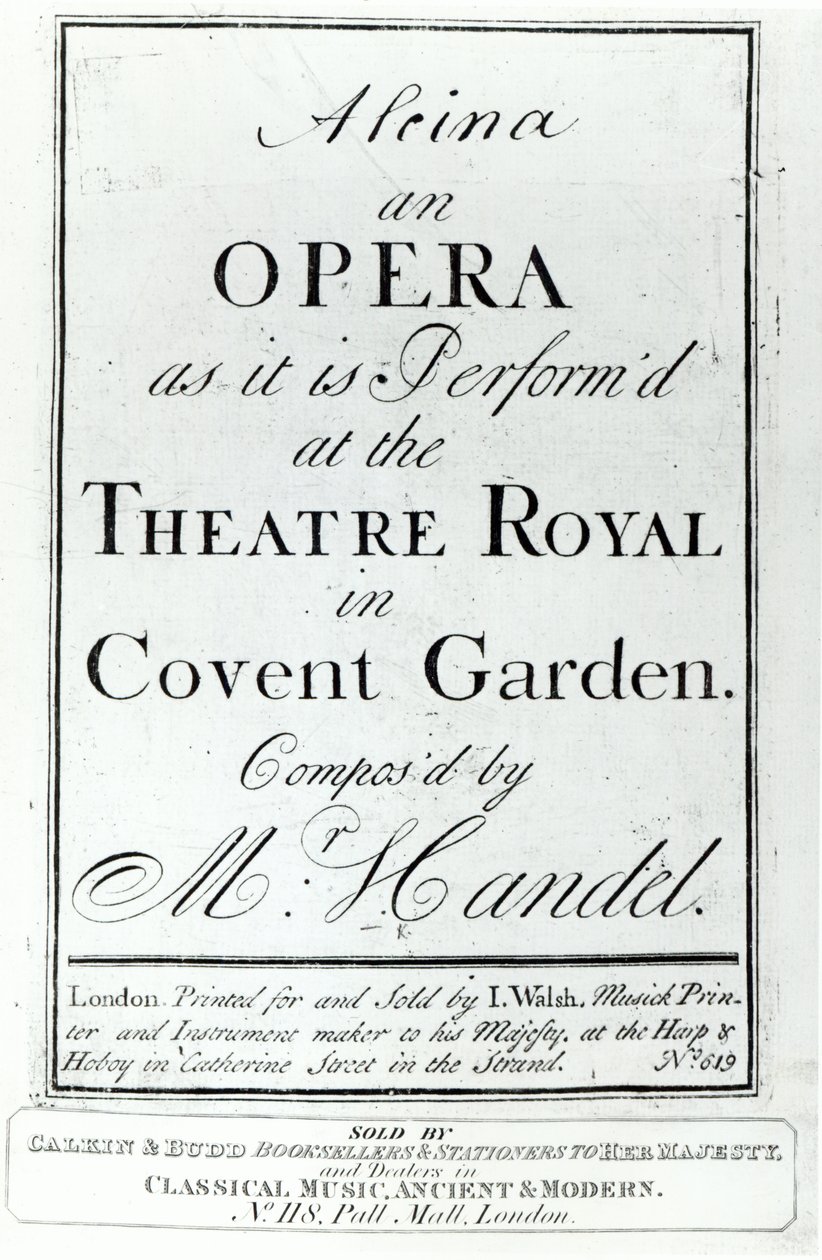 Omslag till notblad för Alcina, en opera av Händel, publicerad 1735 av English School