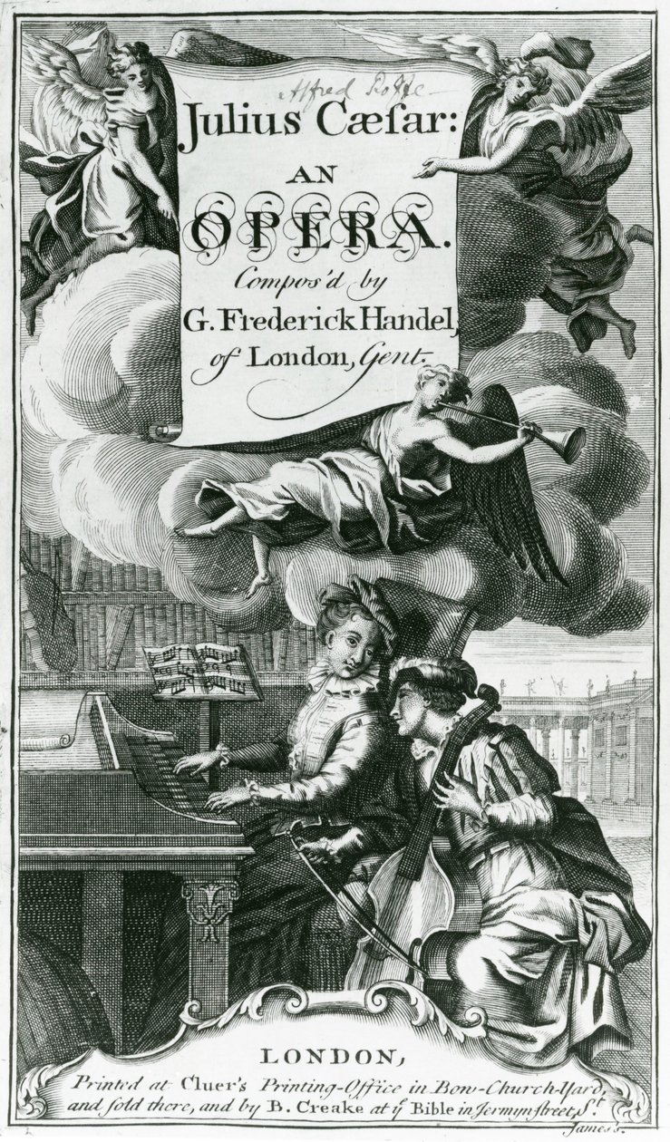 Omslag till notblad för Julius Caesar, en opera av Händel, publicerad 1724 (gravyr) (bw foto) av English School