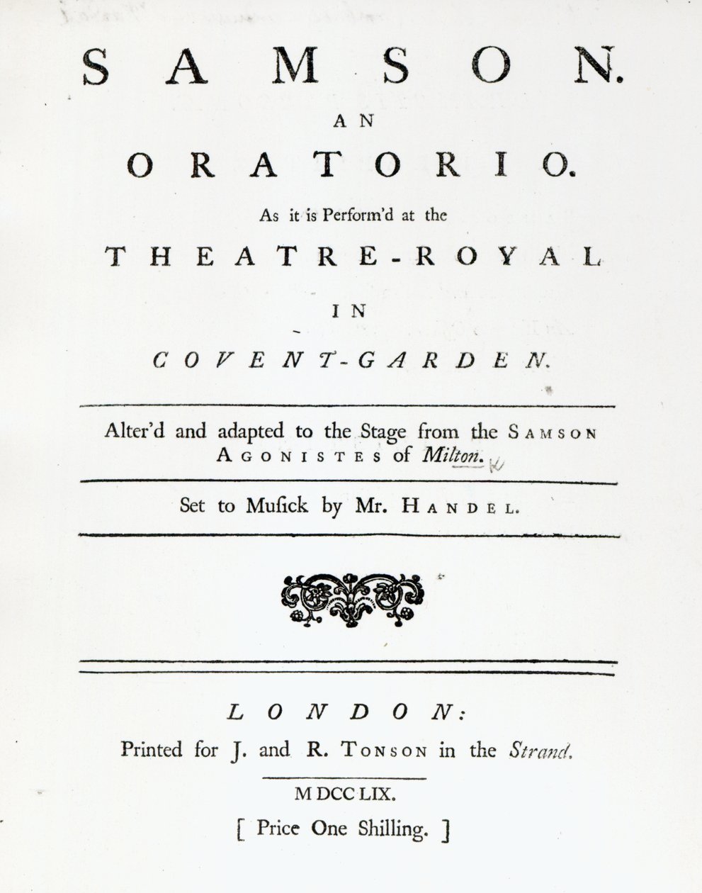 Omslag till Noter för Samson, ett oratorium av Händel, publicerat 1759 av English School