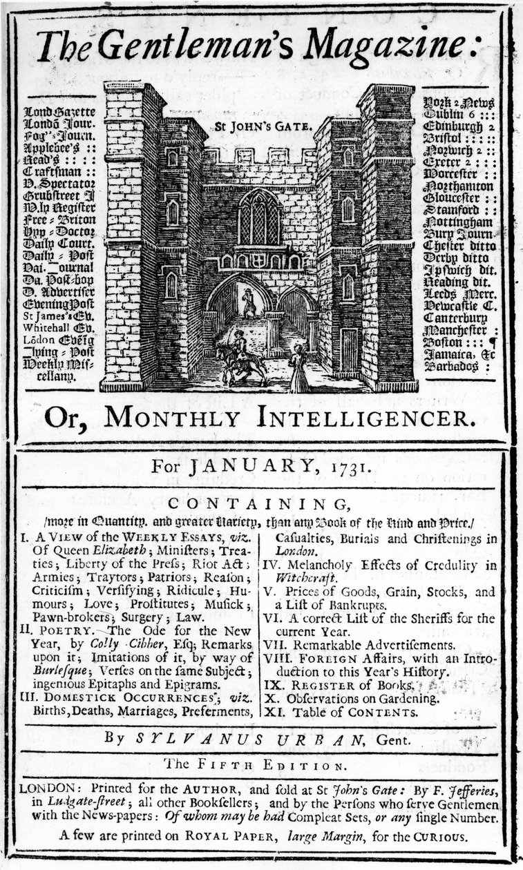 Omslaget till den första upplagan av The Gentlemans Magazine, publicerad i januari 1731 av English School